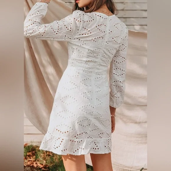 Women's Sexy Long Sleeve Lace Ruffle Mini Dress Hollow Out Summer Dress White - Picture 4 of 8